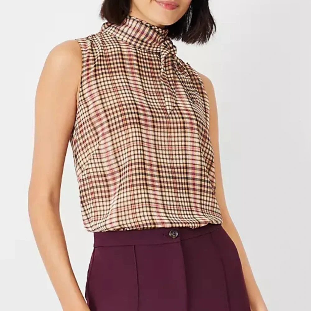 Ann Taylor Plaid Side Tie Mock Neck Shell - Picture 1 of 5